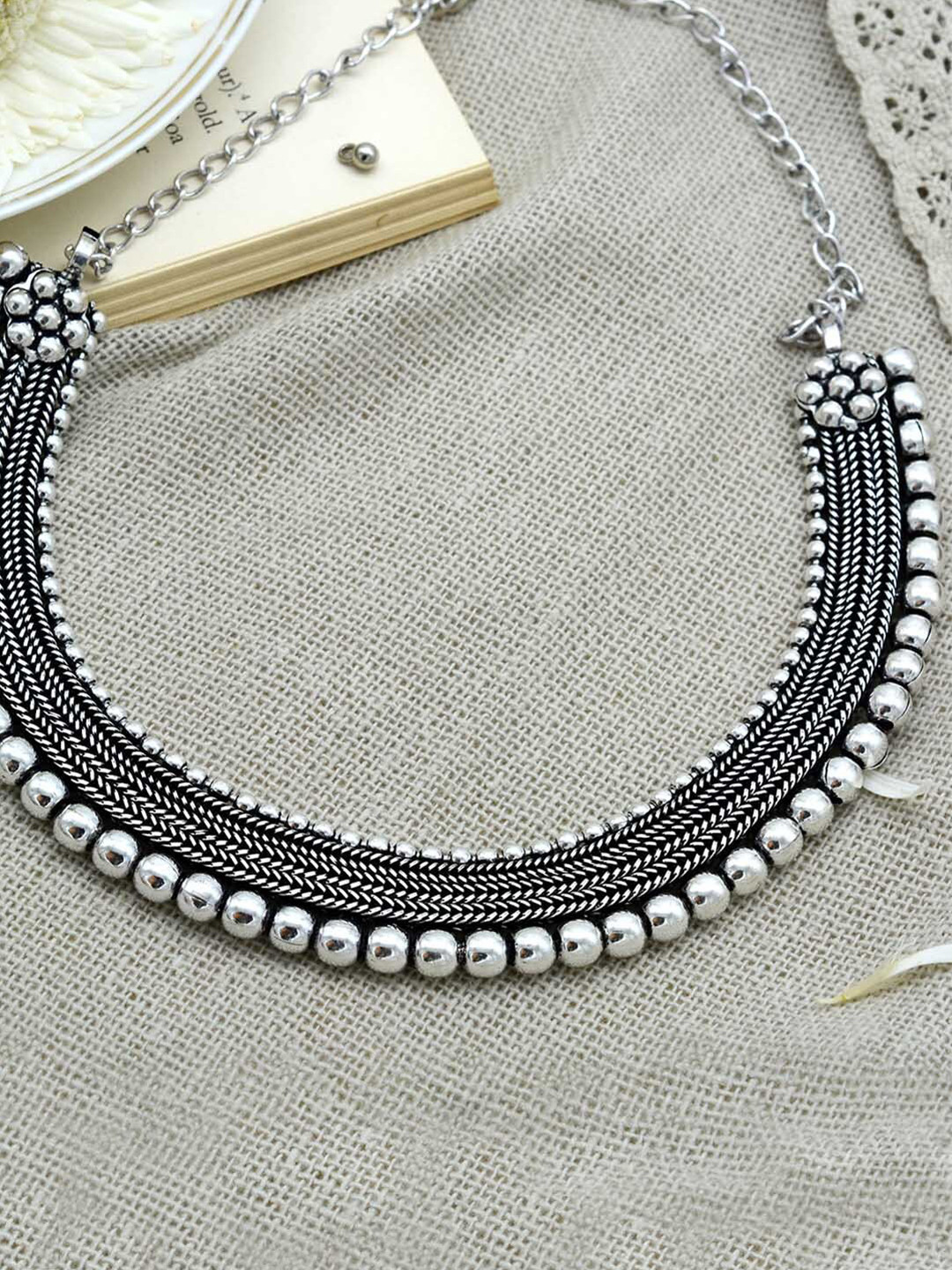 TEEJH Silver German Silver Silver-Plated Oxidised Necklace