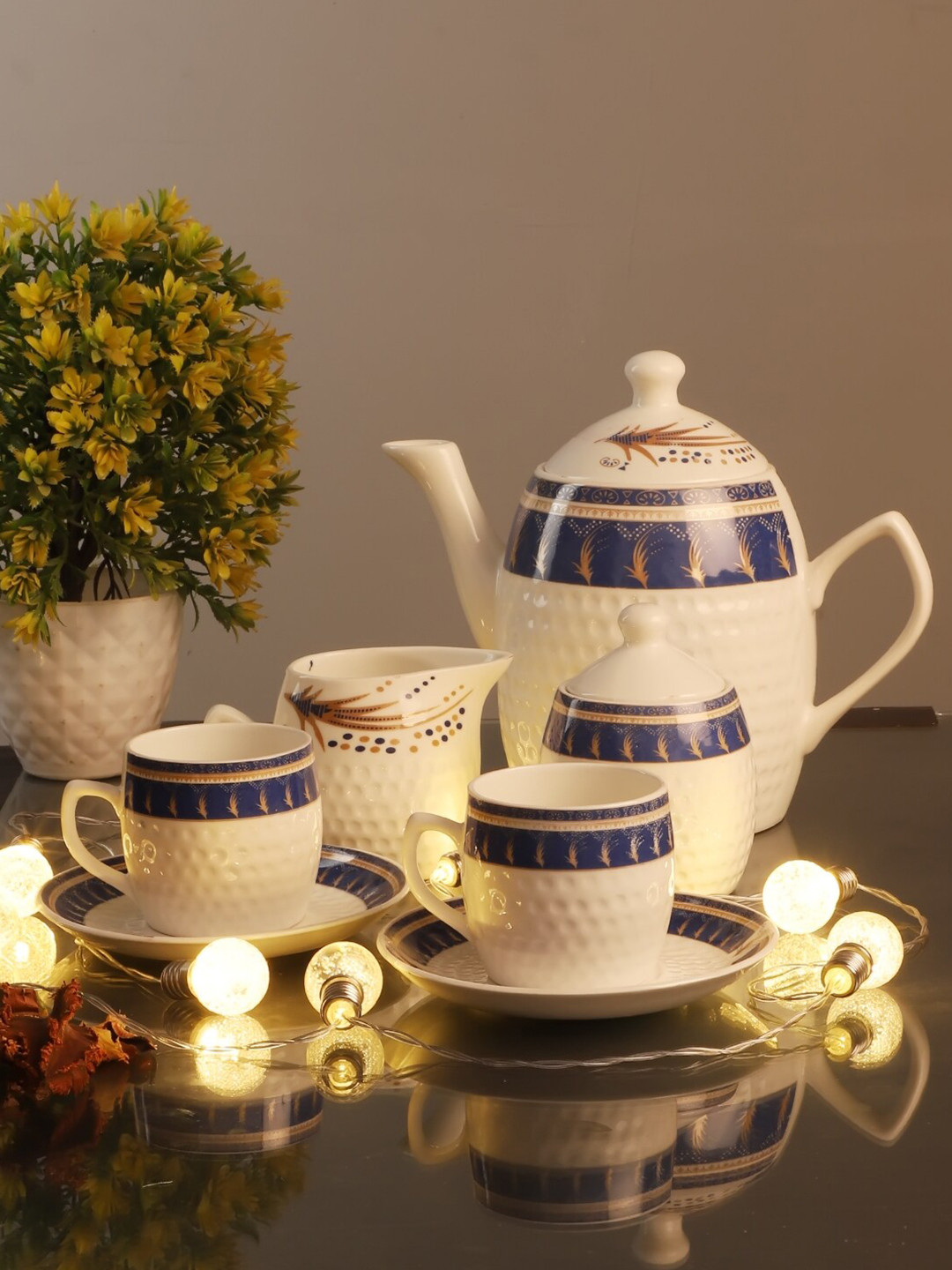 CDI White & Blue Printed Bone China Glossy Kettle Set