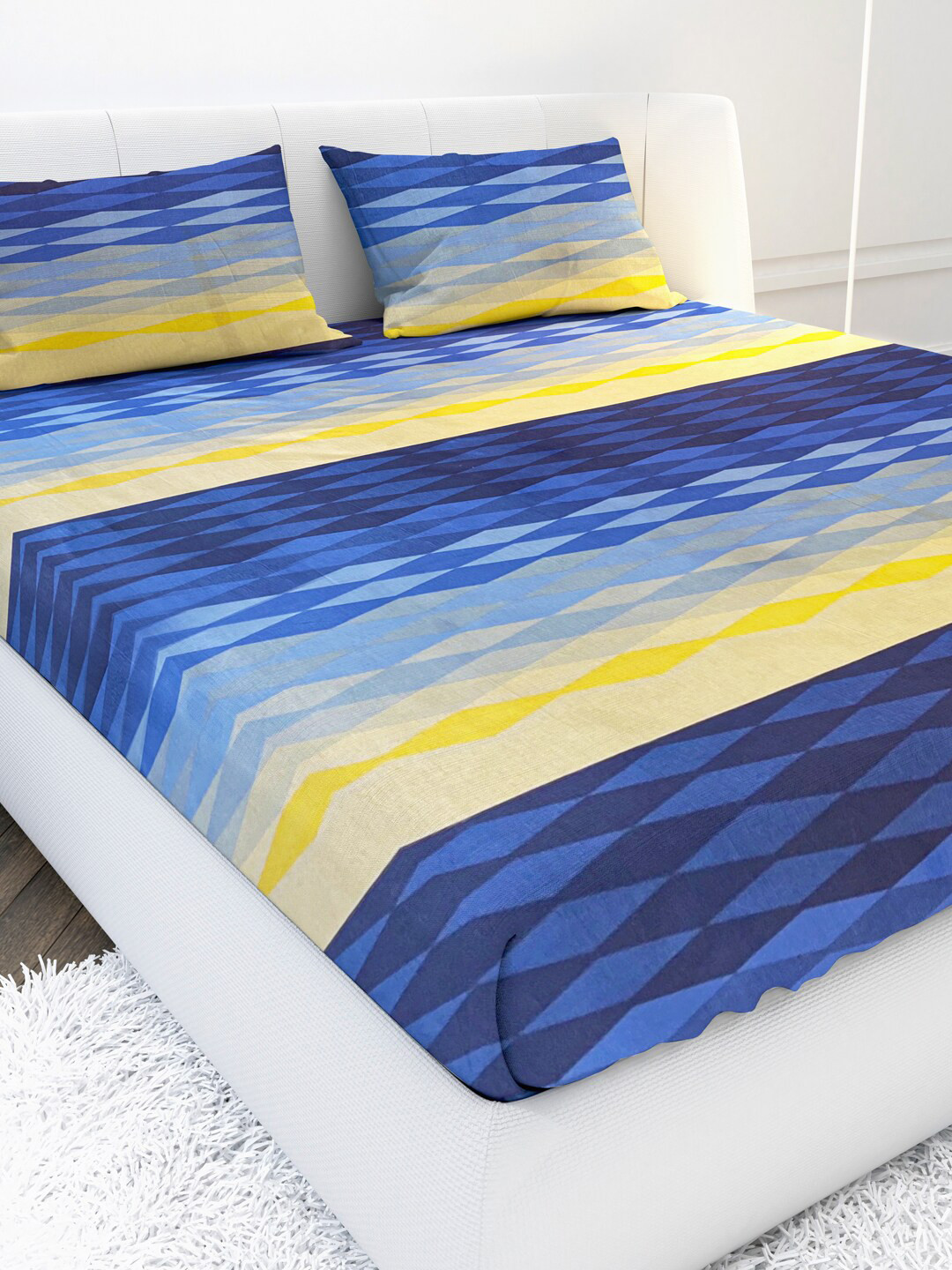 MAYFAIR HOMES LONDON Blue & Yellow Geometric 104 TC Queen Bedsheet with 2 Pillow Covers