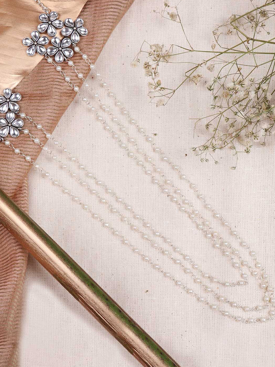 TEEJH Silver & White Brass Layered Pearl Oxidized Long Necklace