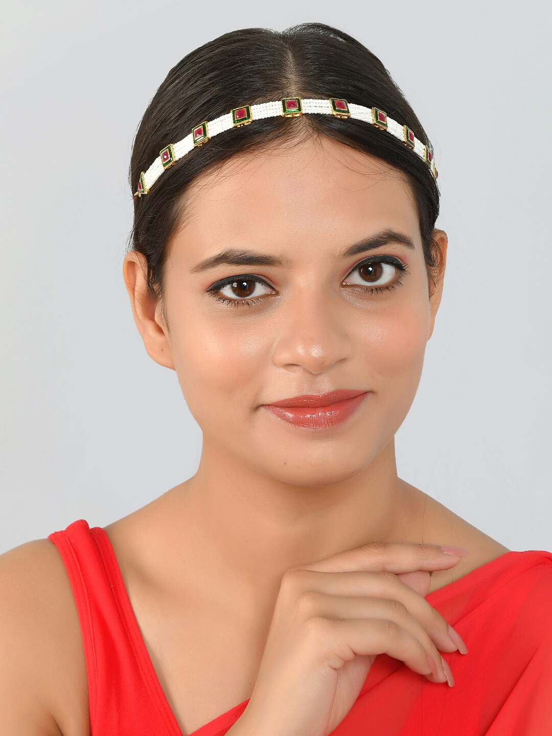Silvermerc Designs Gold-Plated Red & White Stone-Studded & Pearl-Beaded Head Chain