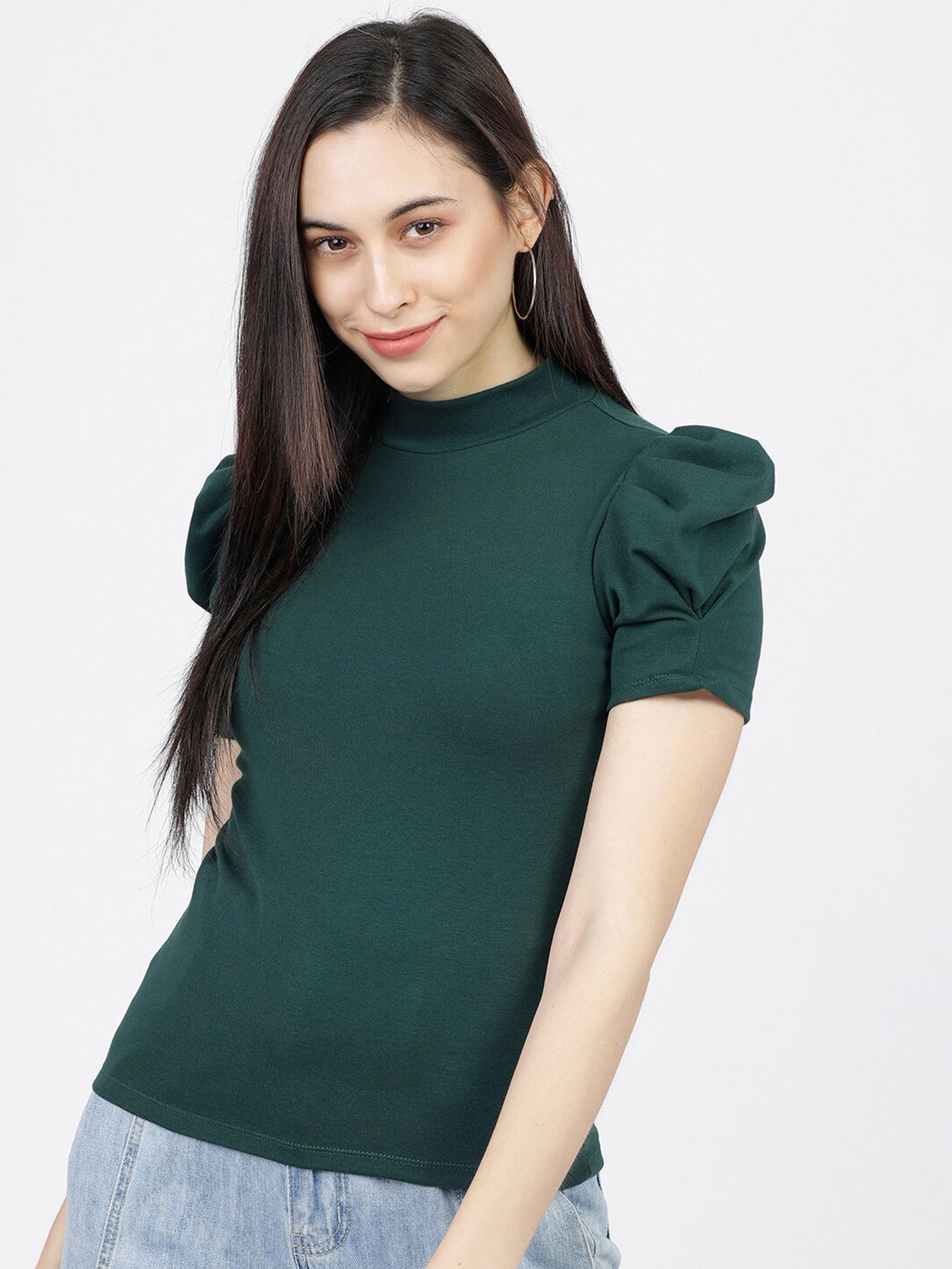 Tokyo Talkies Women Green Puff Sleeve High Neck Fitted Top