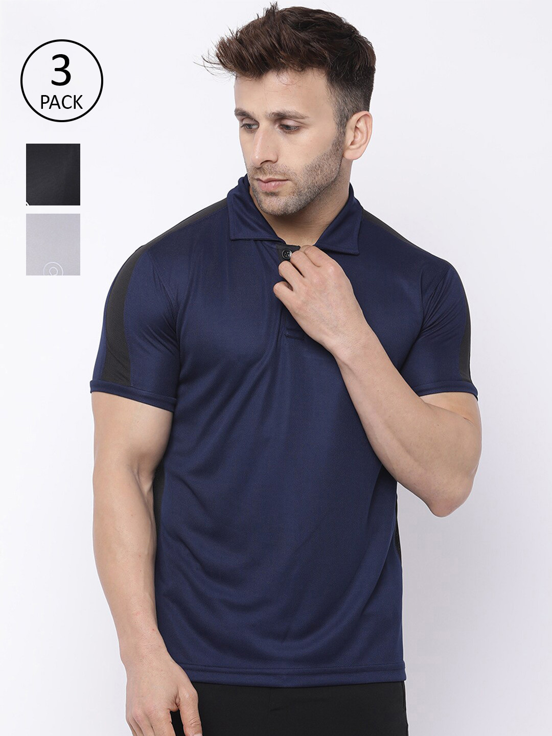 CHKOKKO Men Black & Blue Pack of 3 Polo Collar Dri-FIT T-shirts