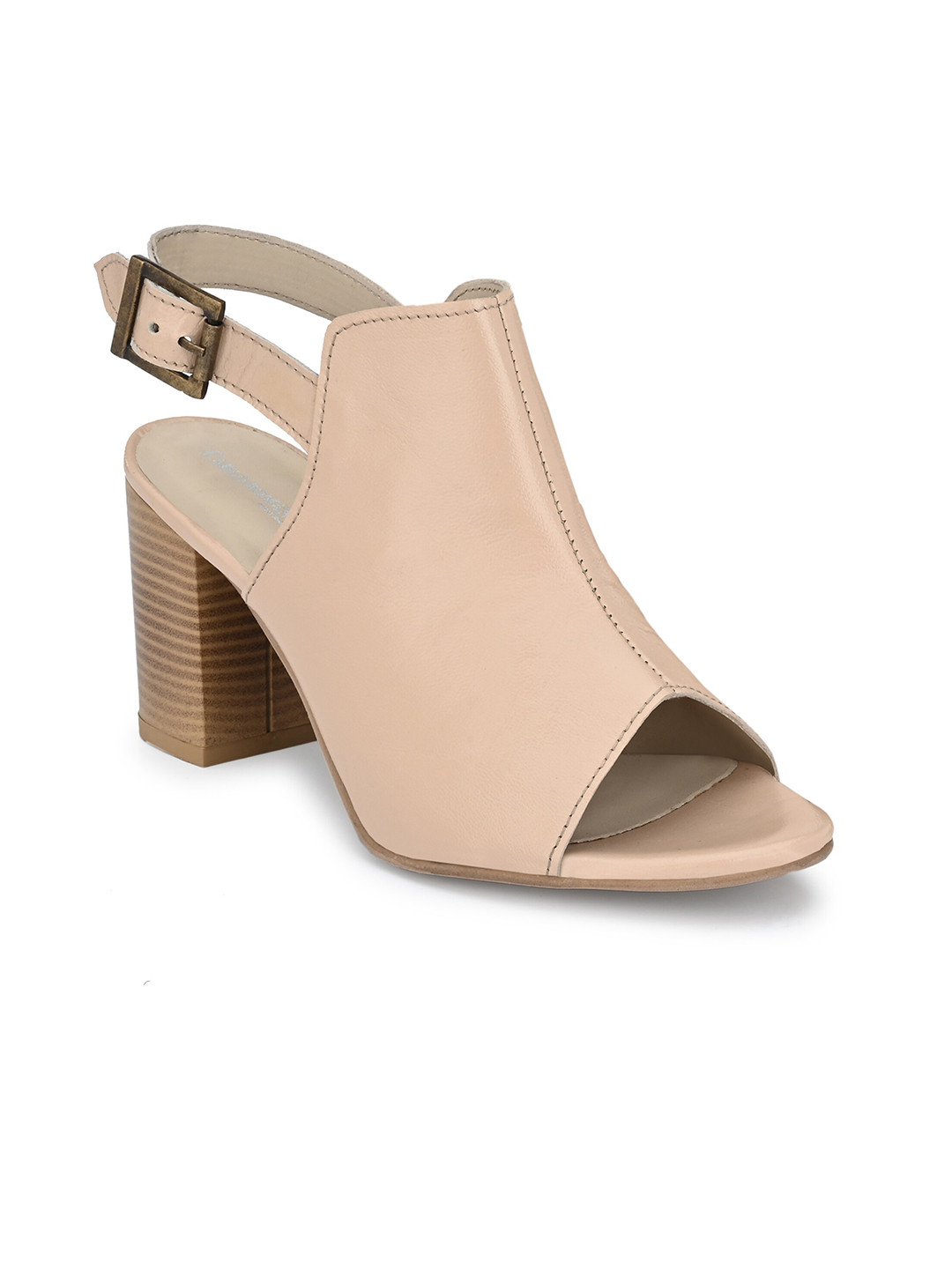 CARLO ROMANO Beige Leather Block Heeled Sandals with Buckles
