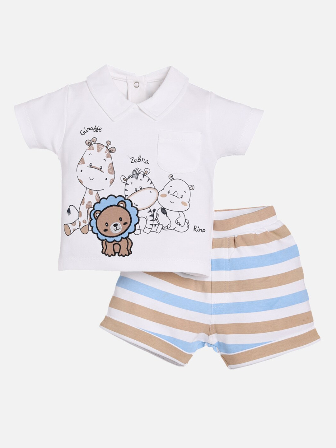 BABY GO Boys Beige & White Printed T-shirt with Shorts