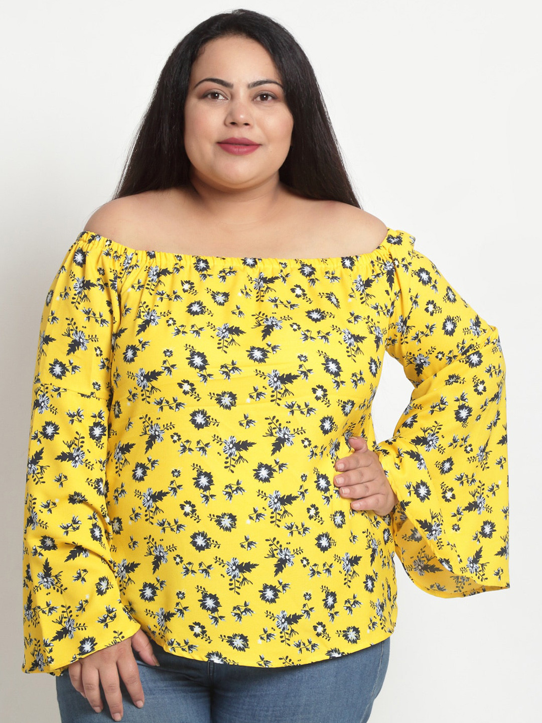sindrellastorie Yellow & Black Floral Print Off-Shoulder Crepe Bardot Top