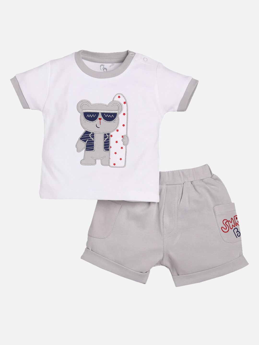 BABY GO Boys 2 Pieces White & Grey Pure Cotton T-shirt with Shorts Clothing Set