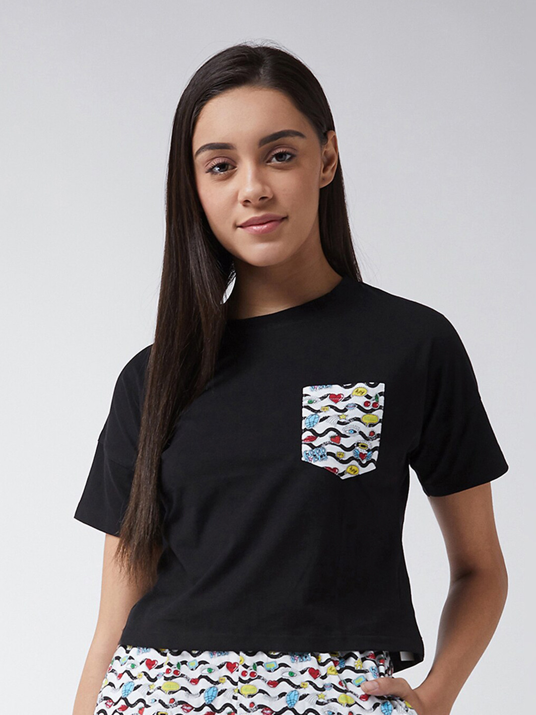 Miss Chase Women Black Solid Pure Cotton Lounge T-shirts