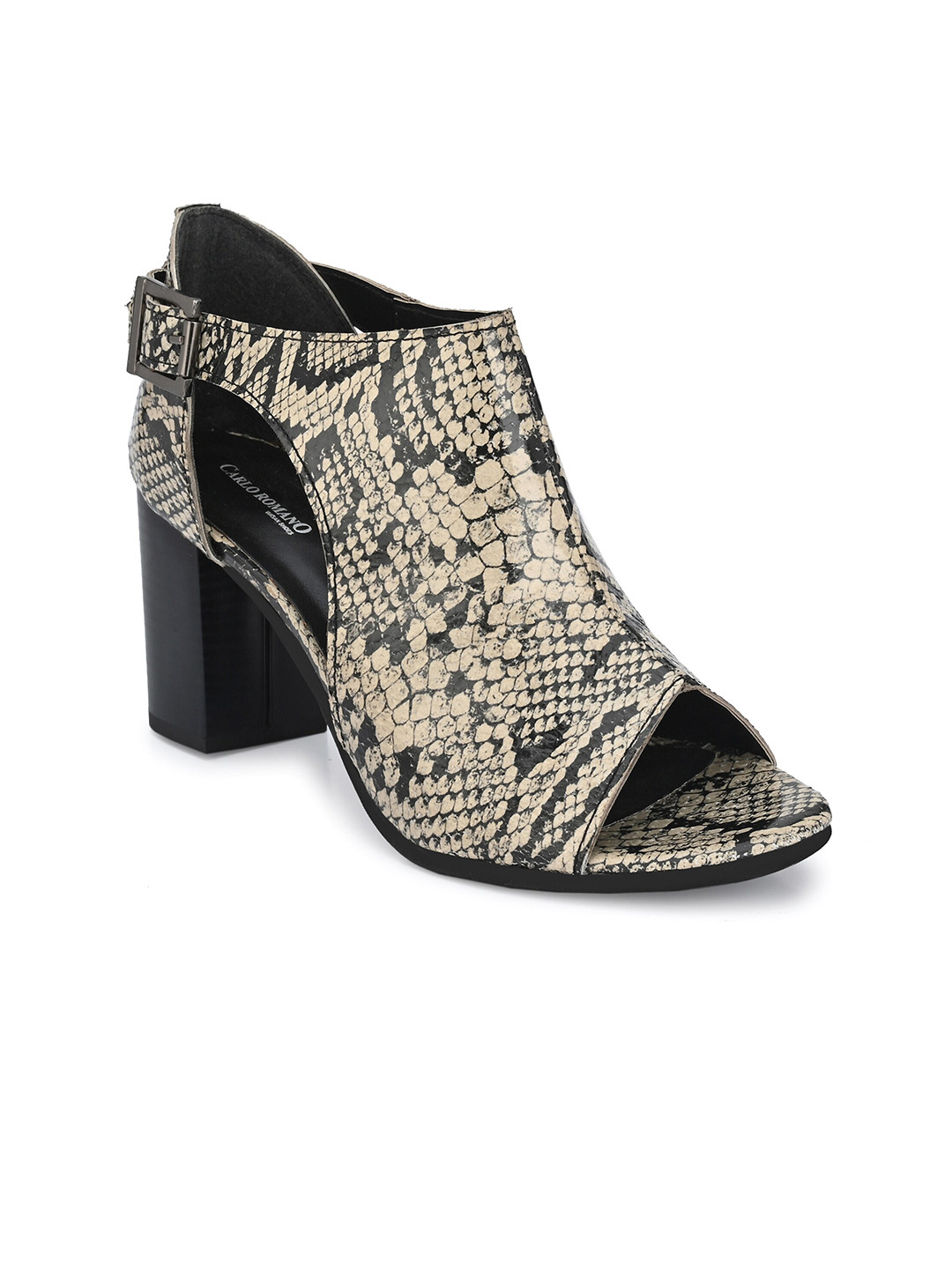 Women CARLO ROMANO White & Black Printed Leather Block Heeled Sandals with Buckles