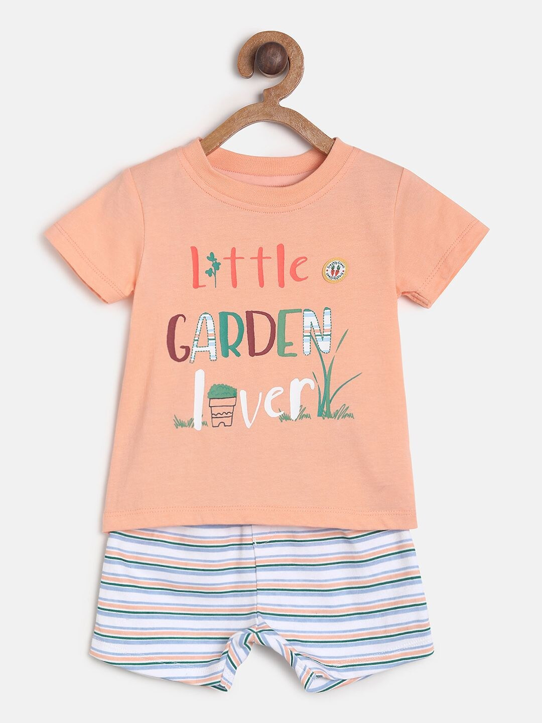 MINI KLUB Boys Peach-Coloured & White Printed Pure Cotton T-shirt with Shorts