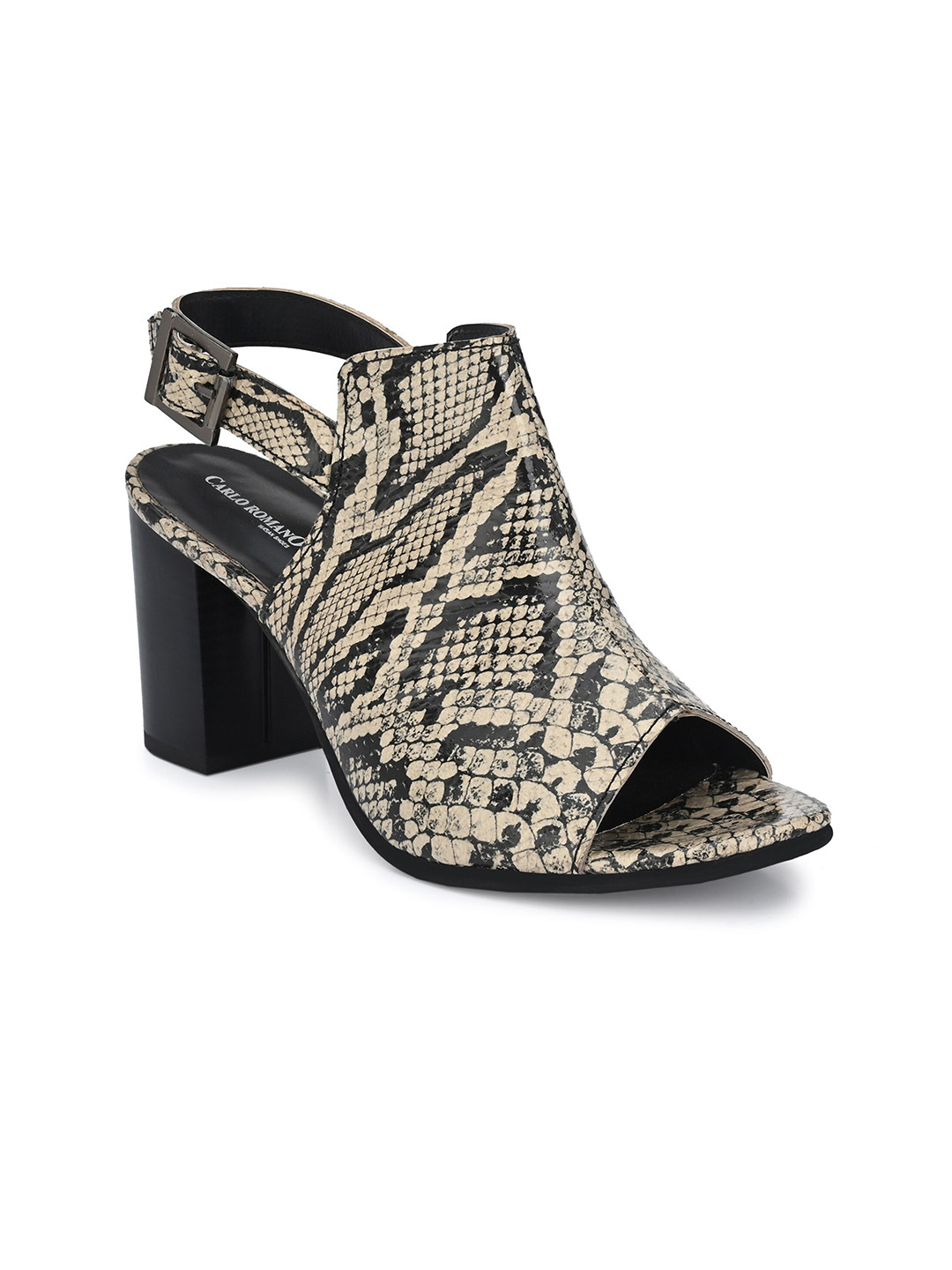 CARLO ROMANO Black & Beige Printed Leather Block Sandals