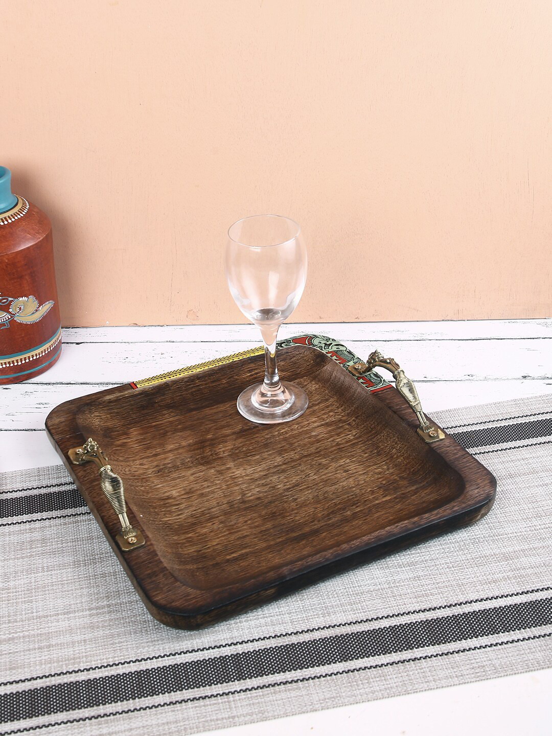 Aapno Rajasthan Brown Quadrilateral Tray With Designer Handles