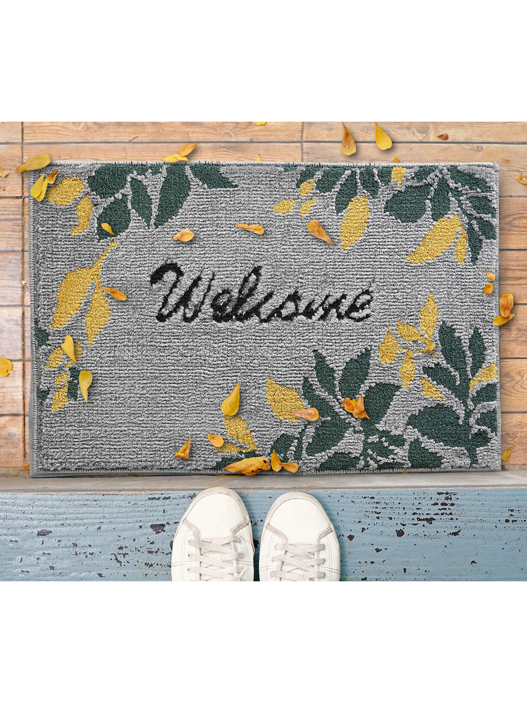 Saral Home Grey Set Of 2 Floral Cotton Anti-Skit Doormat