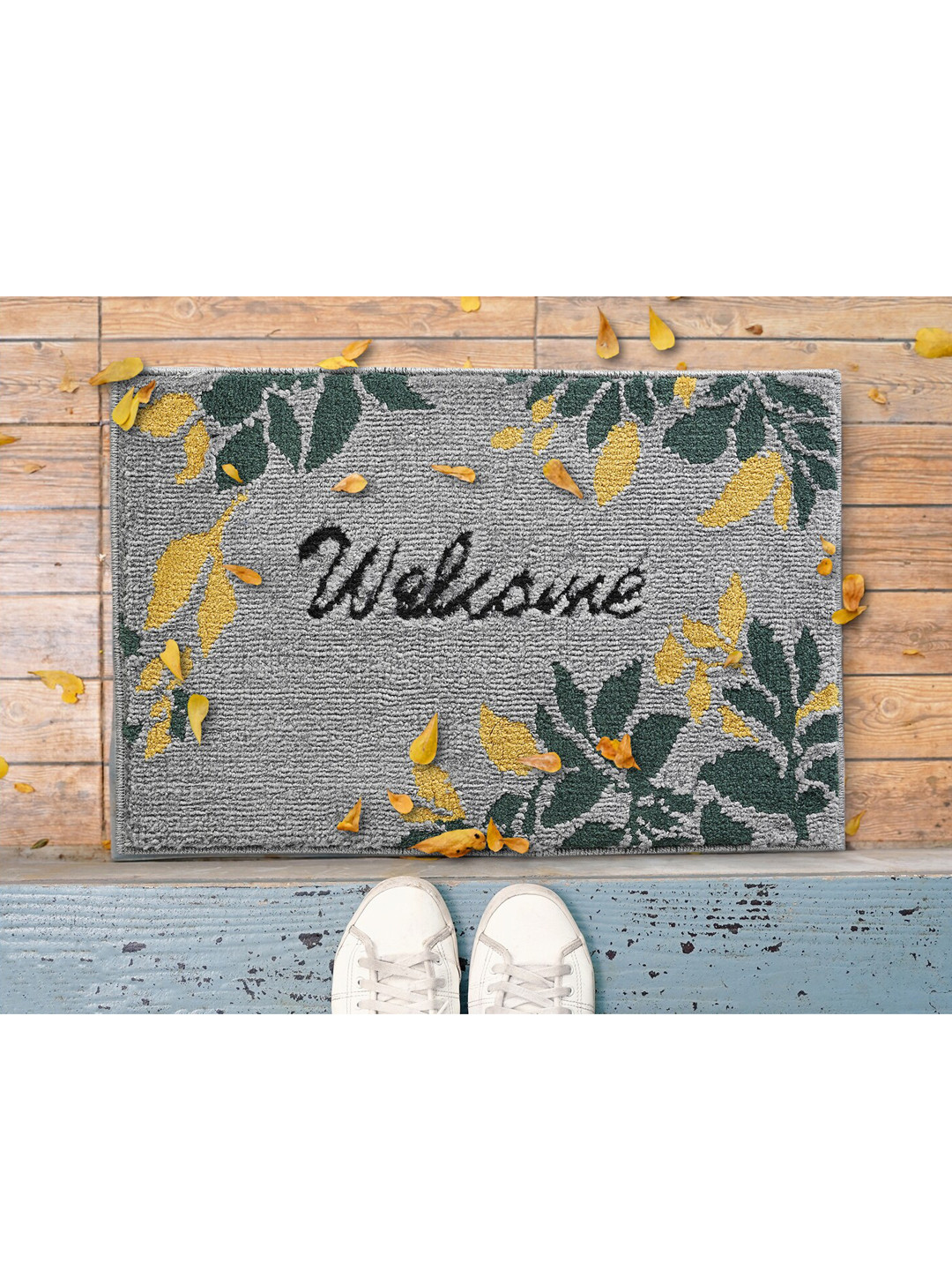 Saral Home Set Of 2 Grey & Green Printed 24x7 ON-Duty Anti-Skid Cotton Doormats