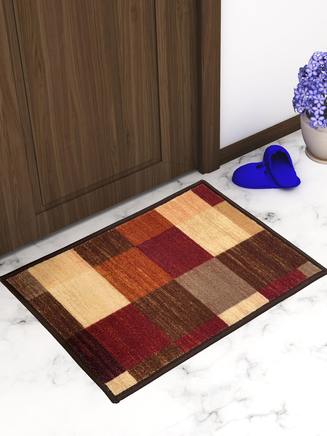 Athom Trendz Set Of 2 Brown & Beige-Coloured Colour-Blocked Anti-Skid Doormats