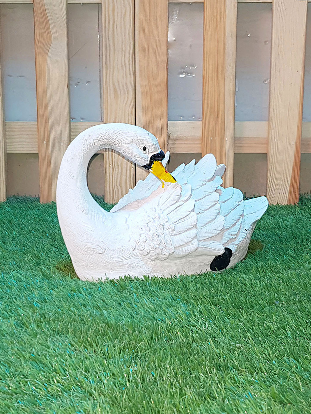 Wonderland White & Yellow Swan Statue Facing Back Figurine Garden Accessory
