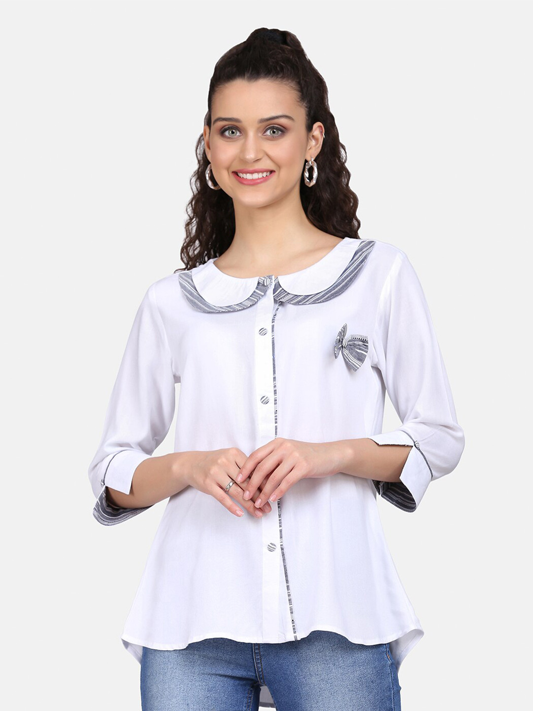 Sugathari White Peter Pan Collar Crepe Shirt Style Top