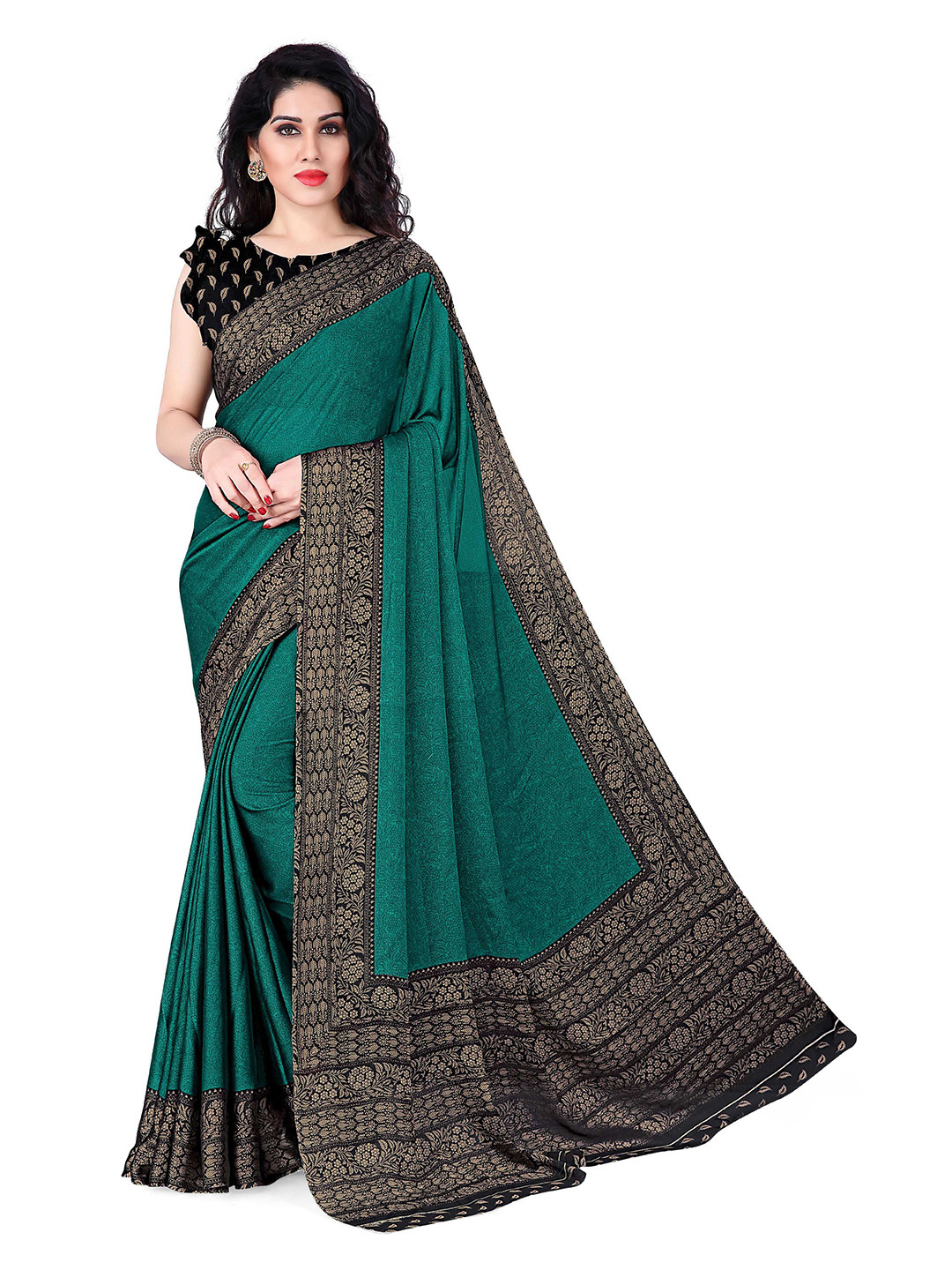 KALINI Teal & Black Ethnic Motifs Poly Chiffon Bagh Saree