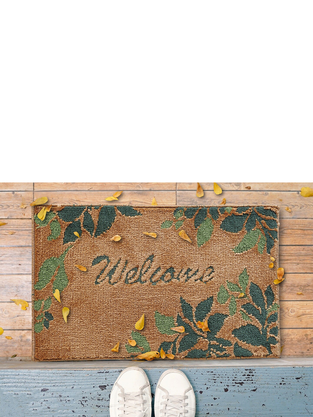 Saral Home Beige & Green Welcome Cotton Anti-Skid Door Mat