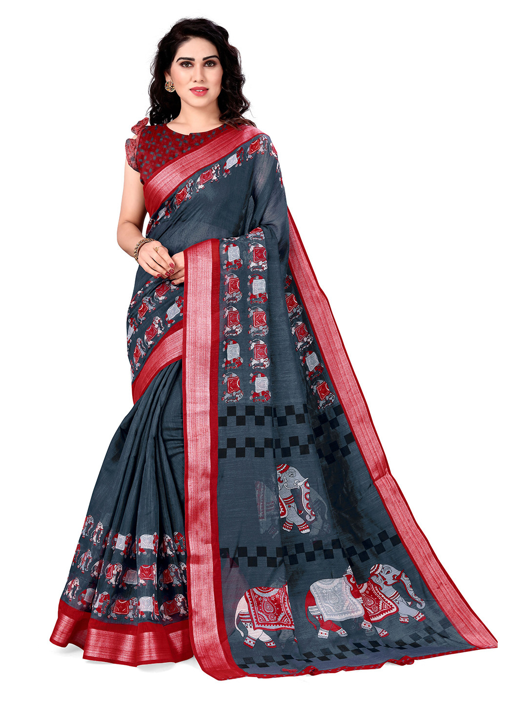 KALINI Grey & Red Ethnic Motifs Baluchari Saree