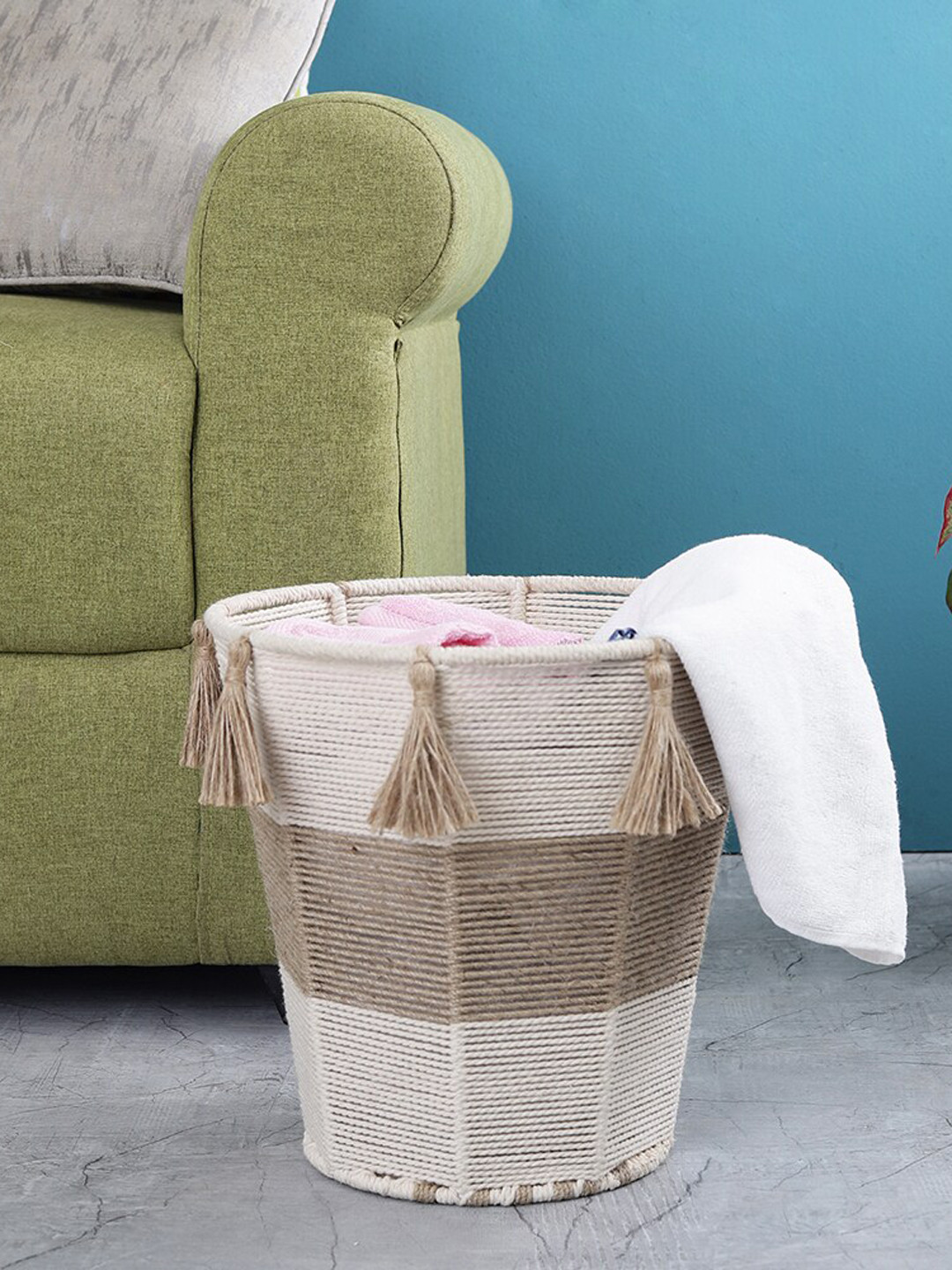 The Decor Mart Off White & Brown Self Design Handmade Bucket Shaped Multipurpose Basket