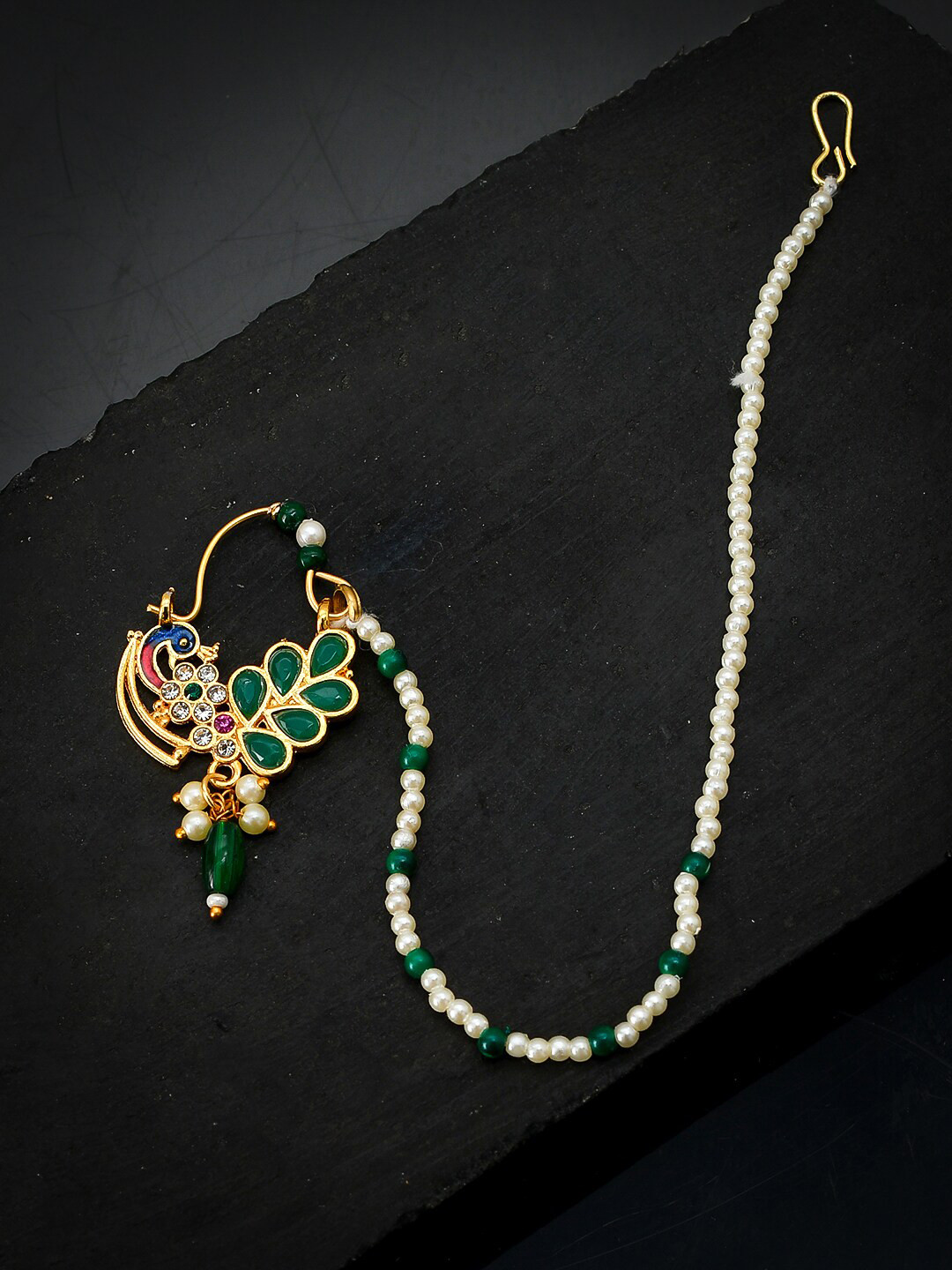 Silvermerc Designs Women Gold-Plated Green Pearls-Studded Nose Ring