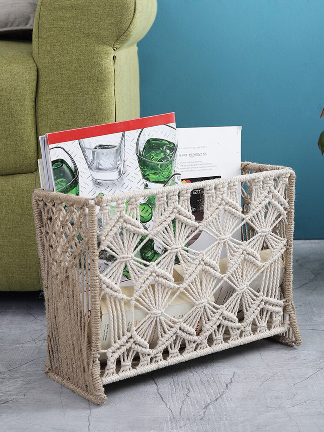 The Decor Mart White Self-Design Handcrafted Macrame Knotted On Metal Wire Frame File Oraganizer