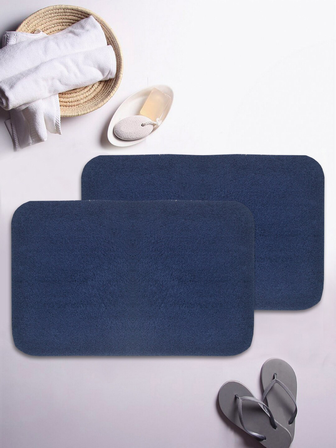 BIANCA Set Of 2 Navy Blue Solid Rectangular Anti-Slip Bath Rugs