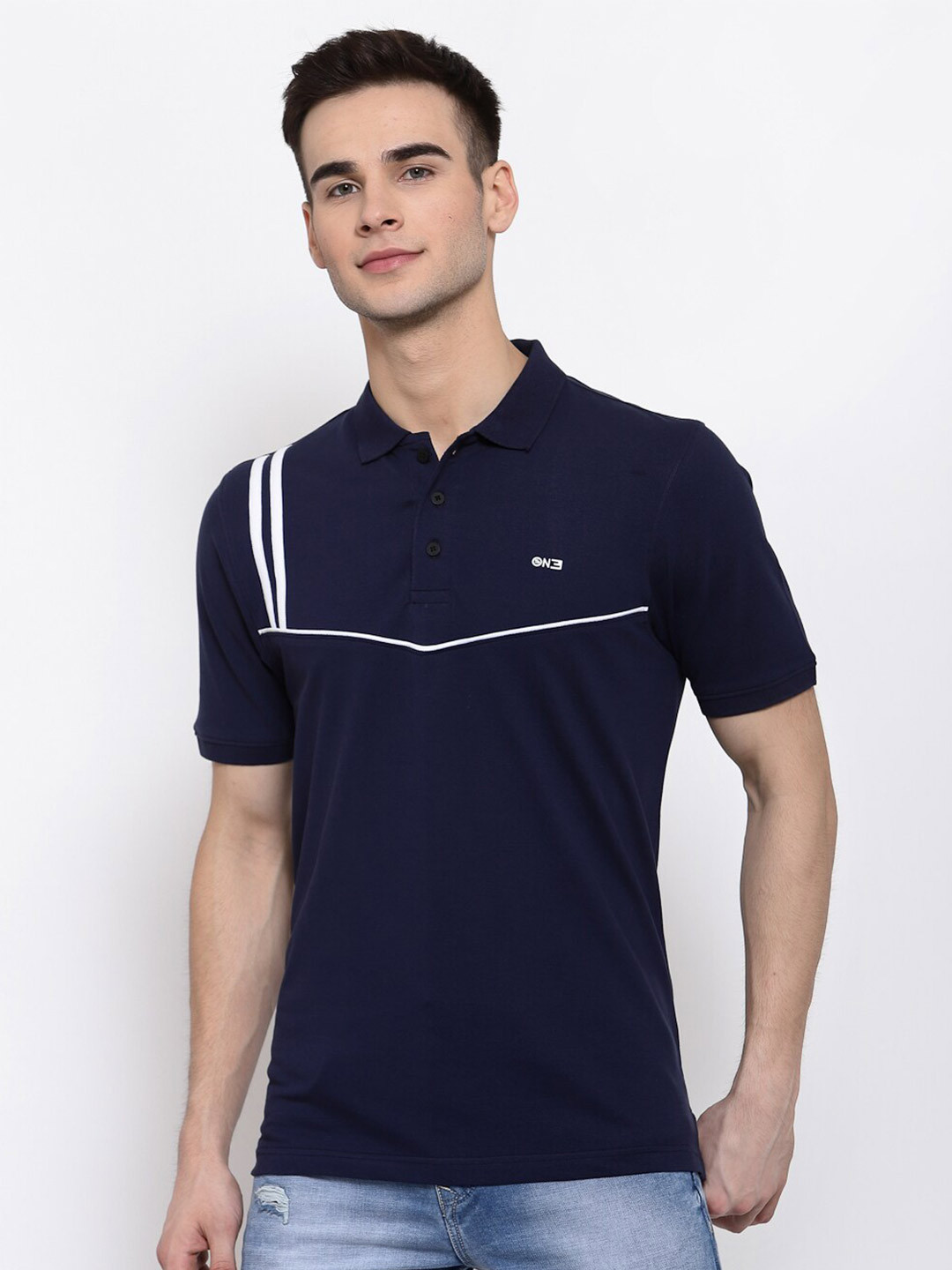 513 Men Navy Blue Polo Collar T-shirt