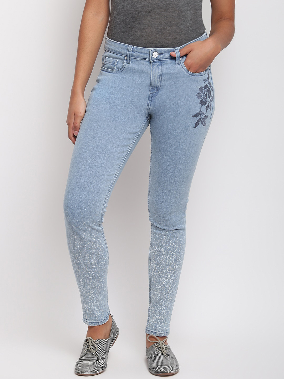 TALES & STORIES Women Blue Skinny Fit Mid-Rise Stretchable Jeans With Embroidery