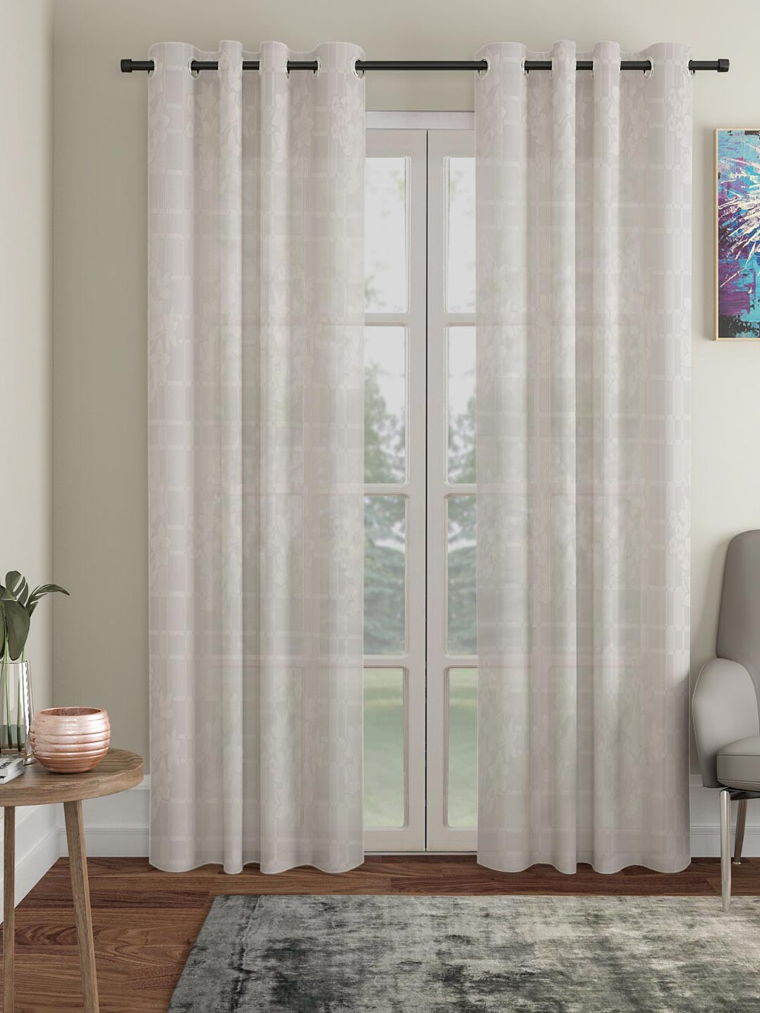 HOSTA HOMES Cream-Coloured Set of 2 Floral Door Curtain