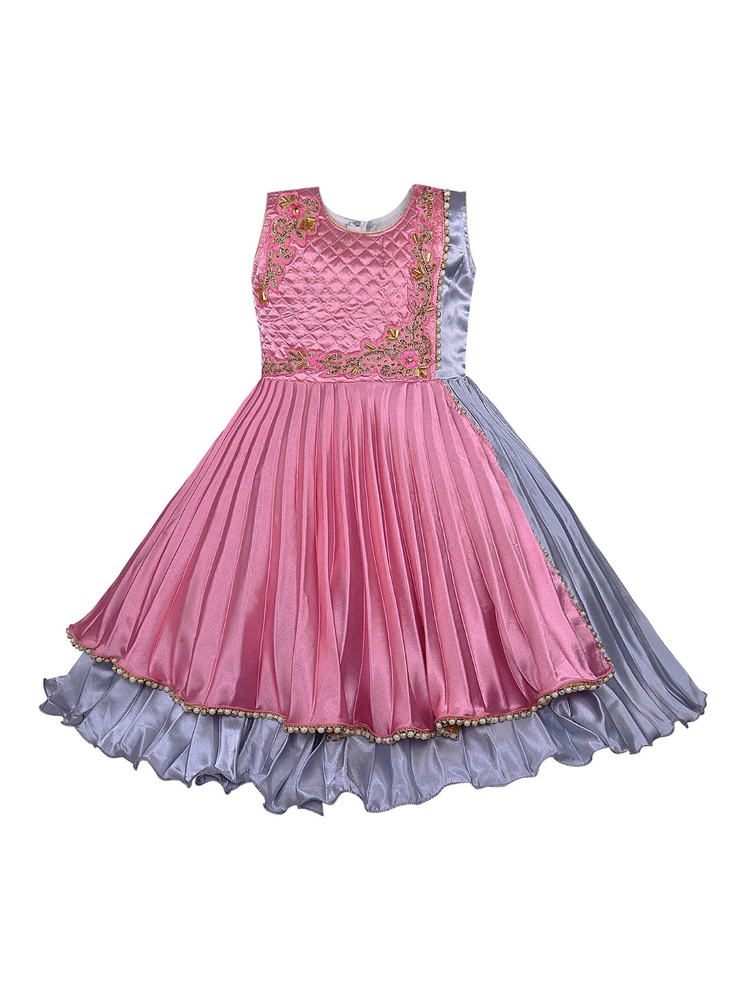 Wish Karo Baby Girls Pink & Grey Satin Frock Dress