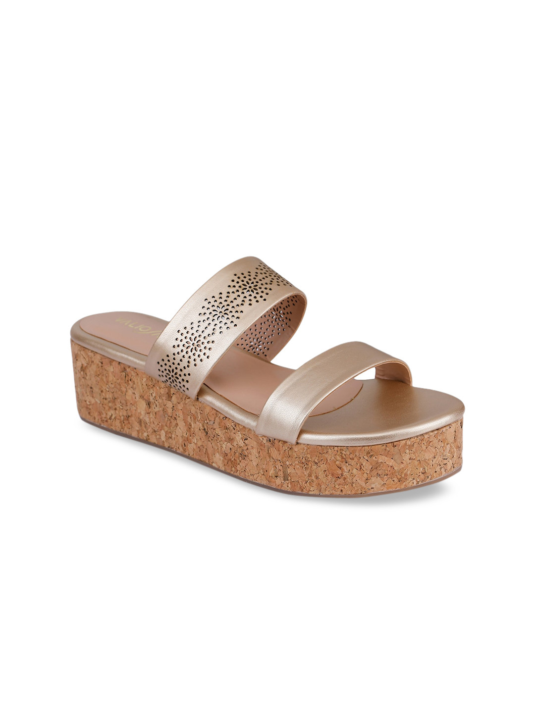 VALIOSAA Gold-Toned Wedge Sandals with Laser Cuts