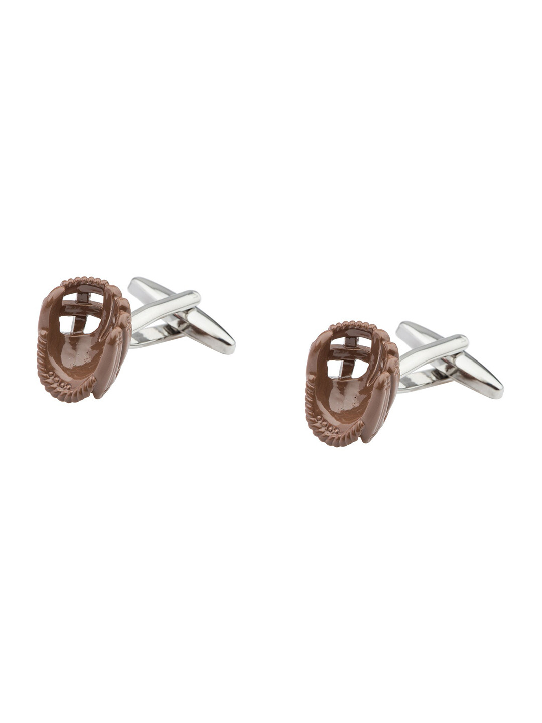The Tie Hub Silver-Toned & Brown Baseball Gloves Sports Quirky Cufflink