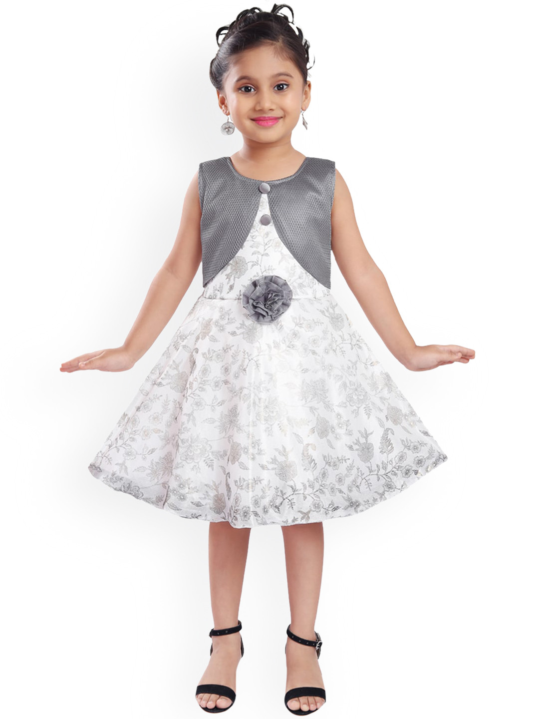 Wish Karo Grey & White Floral Printed Sleeveless Satin Silk Dress