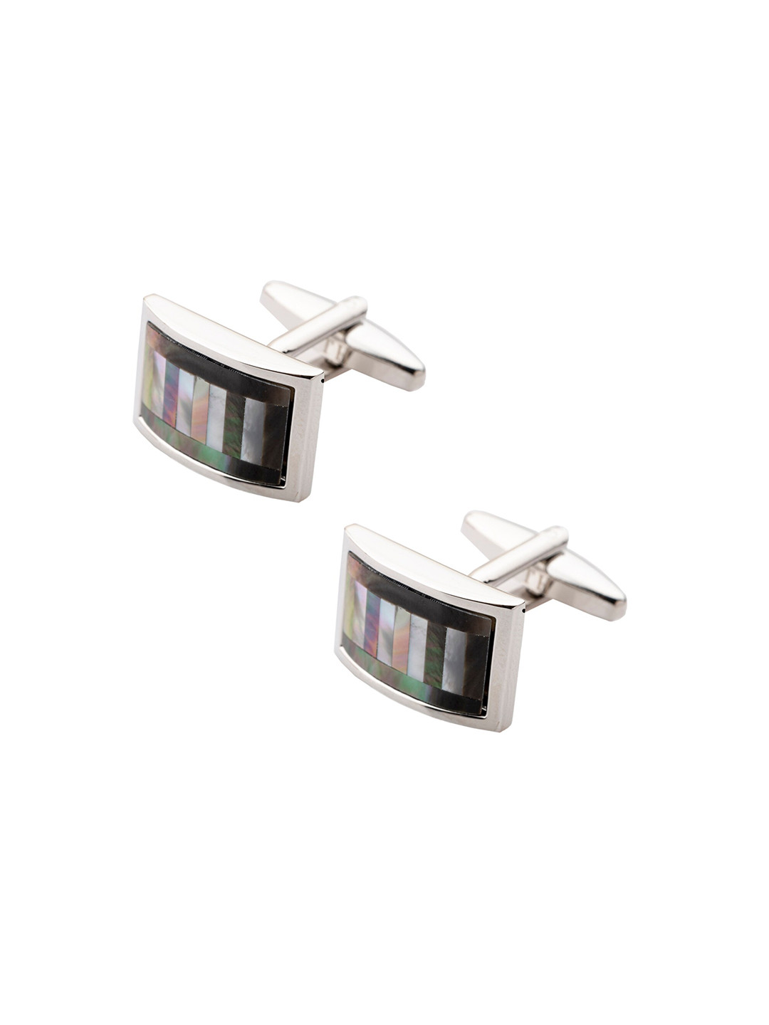 The Tie Hub Silver-Toned & Black Curved Rectanguler Cufflink