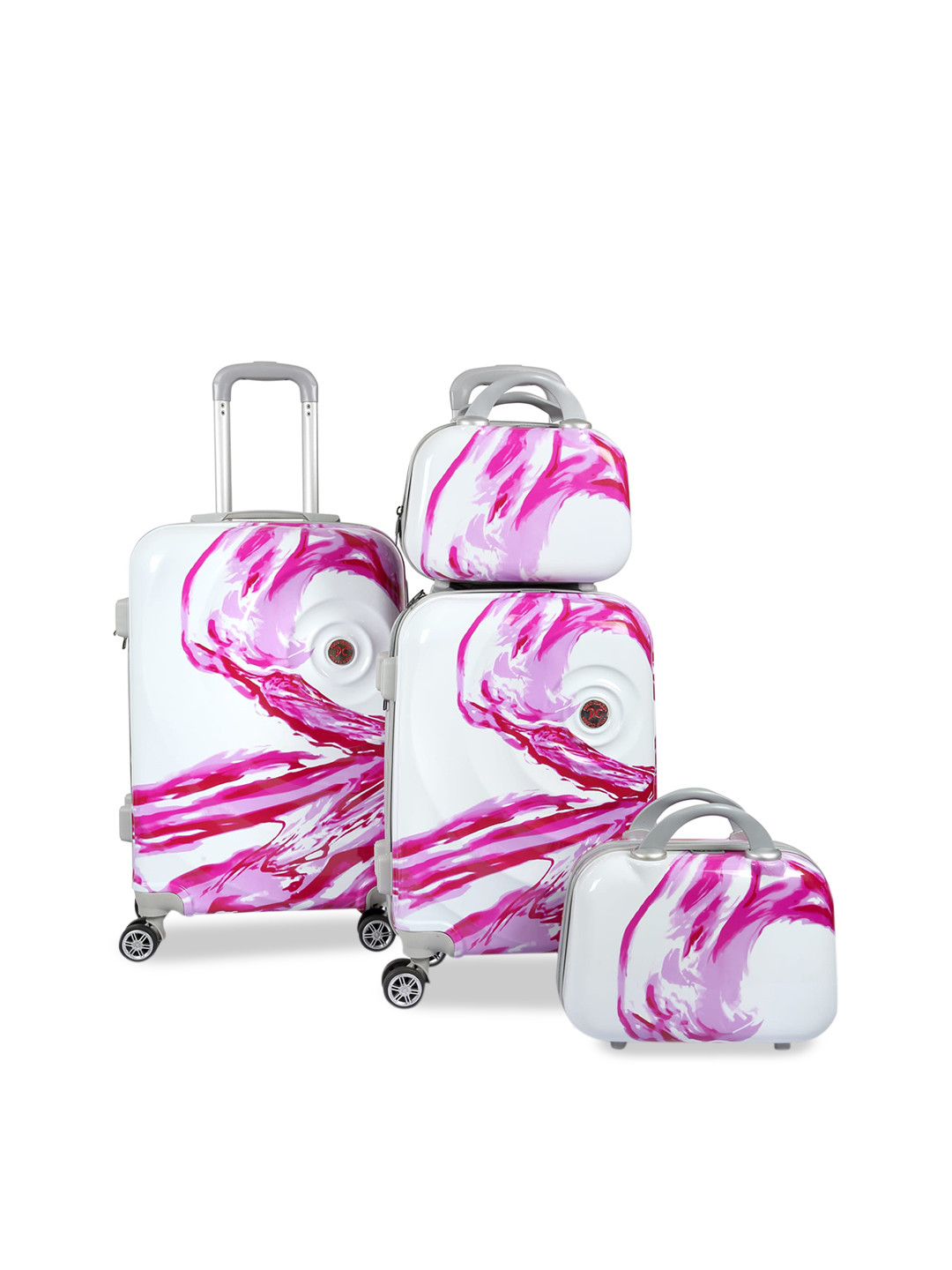 Polo Class Unisex Set Of 4 Pink & White Printed Trolley & Vanity Bags