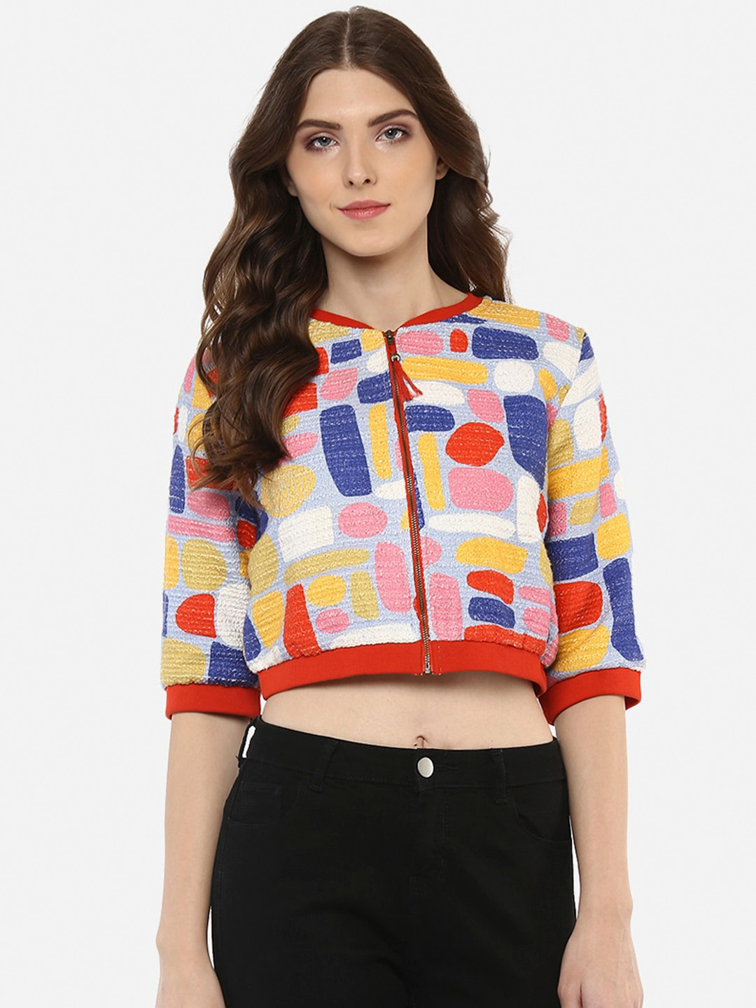 Porsorte Women Multicoloured Lightweight Crop Bomber with Embroidered Jacket