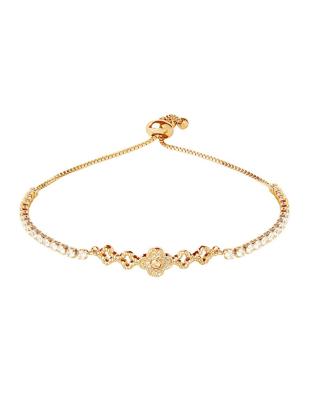 Moon Dust Women Gold-Toned Brass Cubic Zirconia Flower Charm Bracelet
