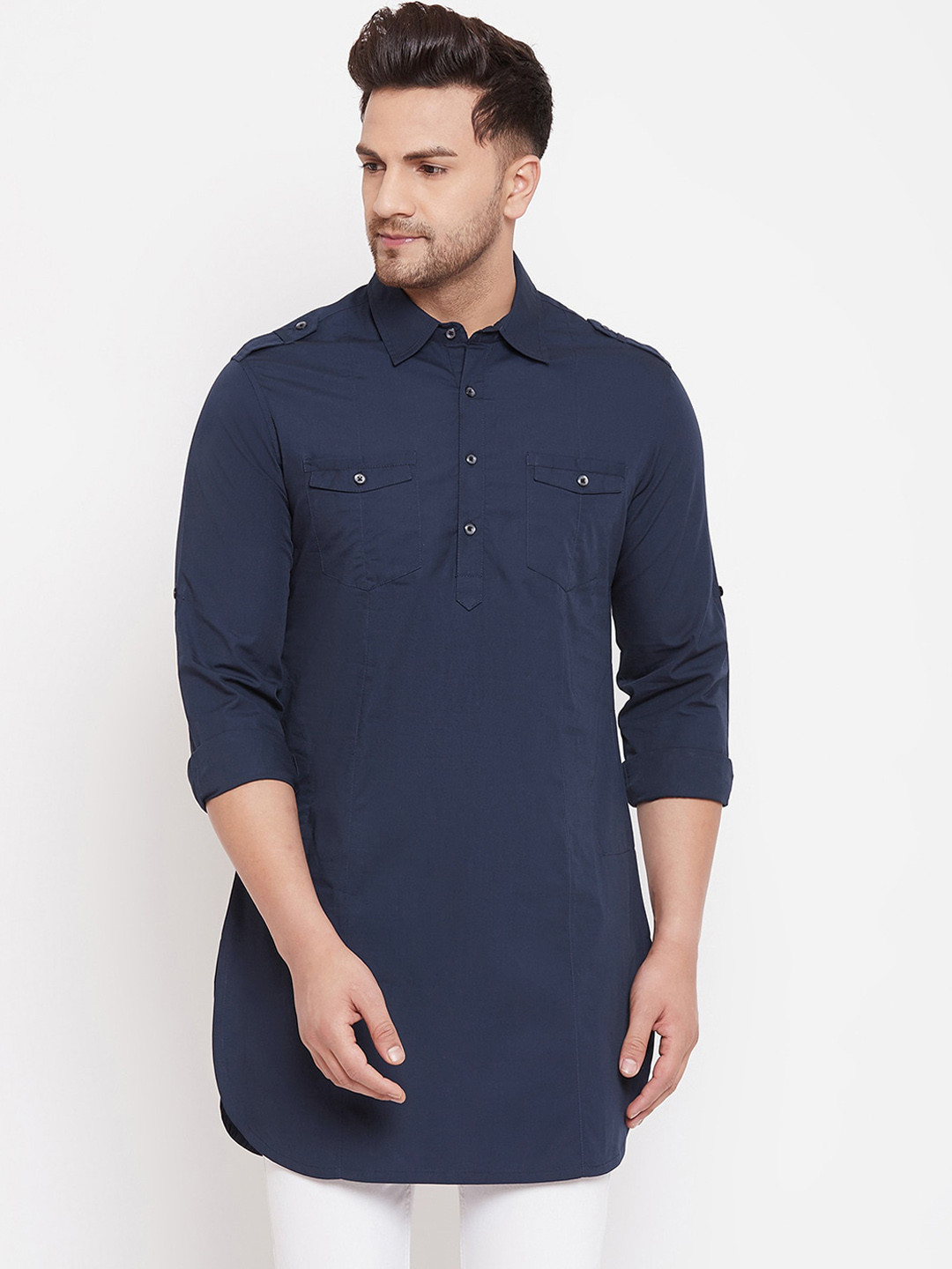Hypernation Men Navy Blue Pathani Kurta