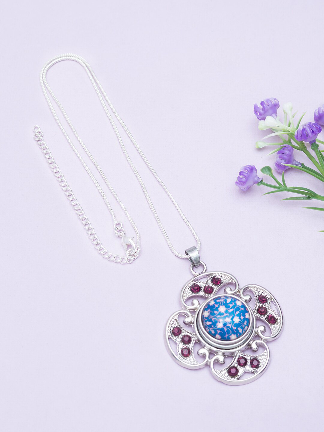 Golden Peacock Silver-Toned & Pink Stone-Studded Pendent With Chain