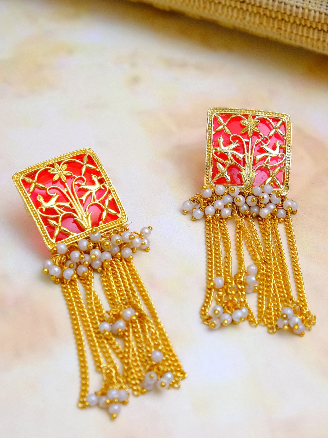 Crunchy Fashion Red Gold-Plated Tasseled Contemporary Drop Earrings With Pearls