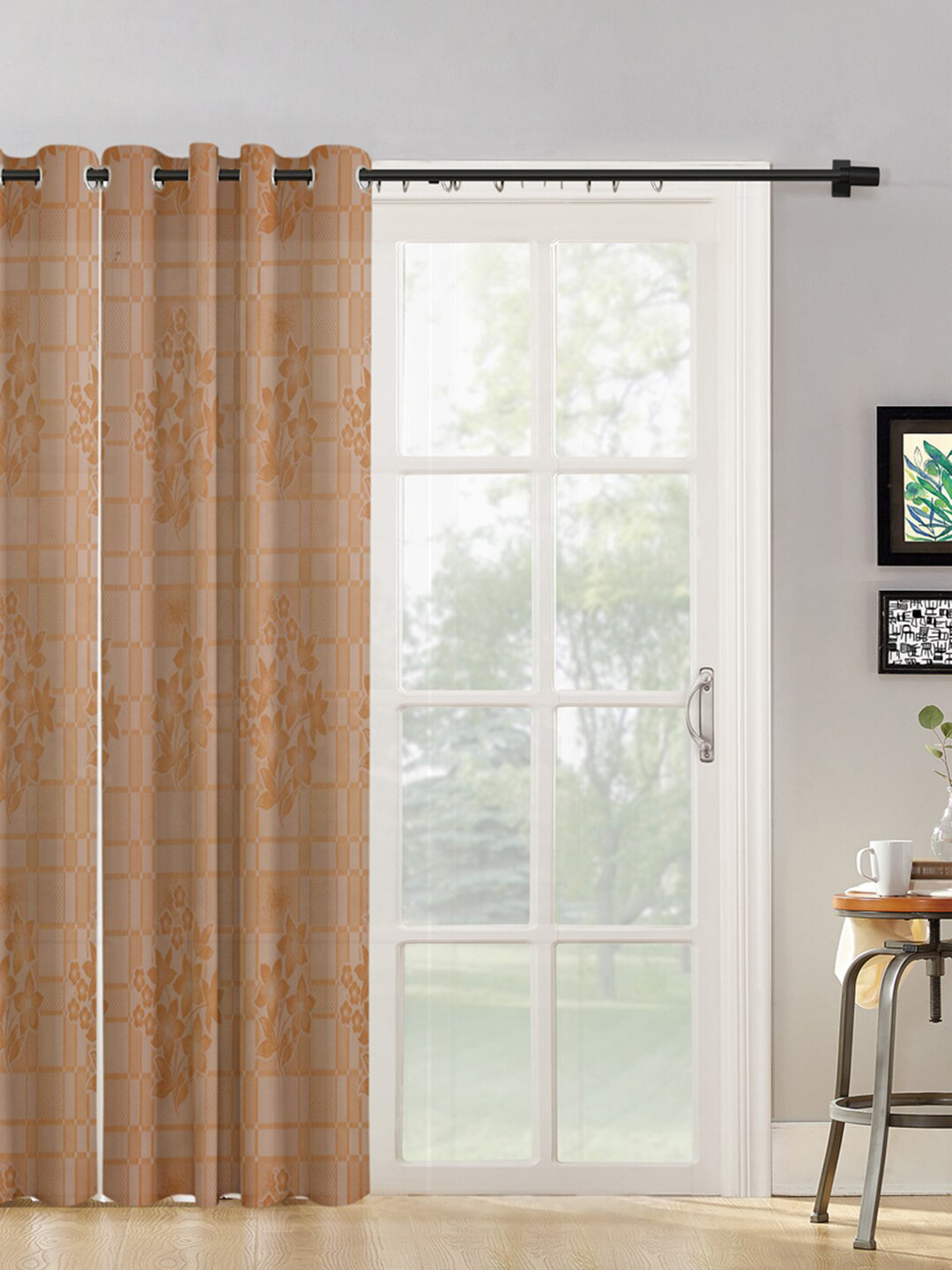 HOSTA HOMES Brown & Cream-Coloured Single Floral Long Door Curtain