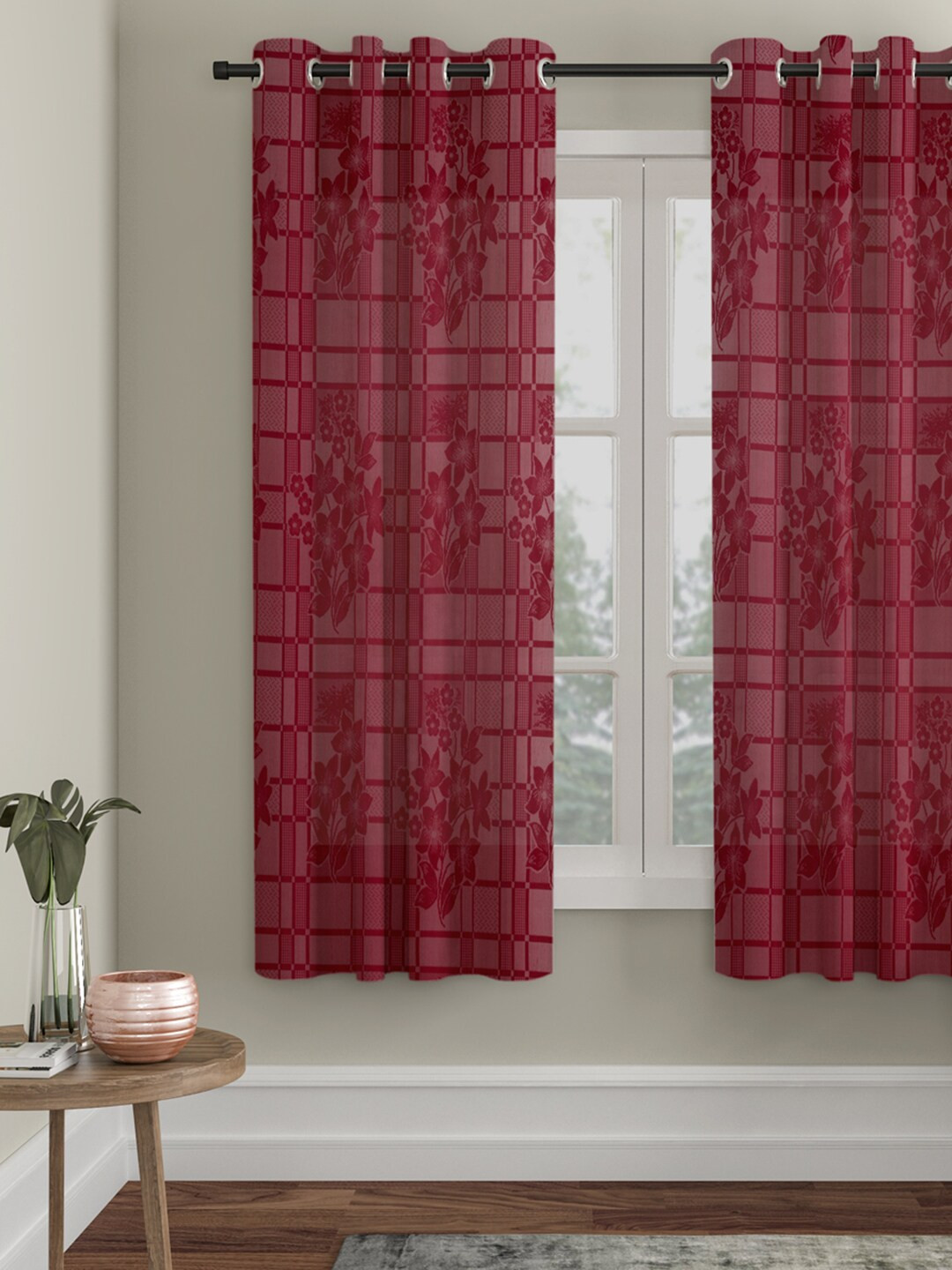 HOSTA HOMES Maroon Floral Window Curtain