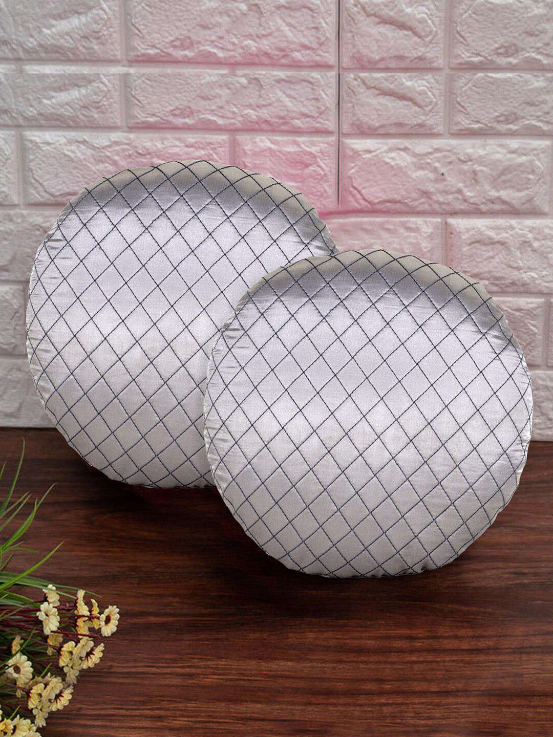 Mezposh Grey Geometric Satin Quilted 2 Piece Textured Round Cushion Covers -14x14In