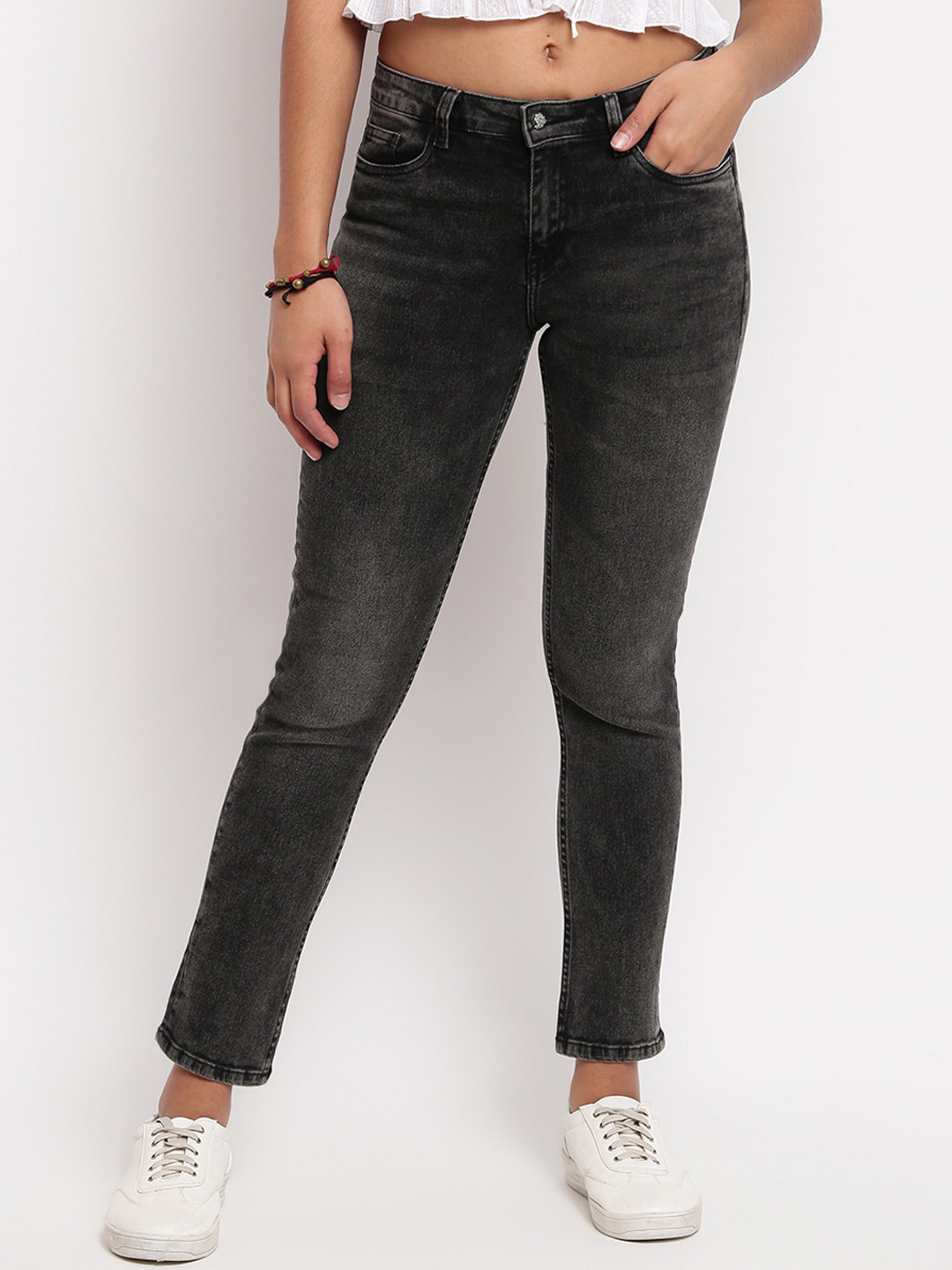 TALES & STORIES Women Black Slim Fit Heavy Faded Jeans