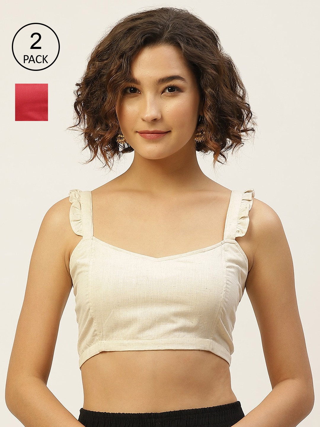 Molcha Pack Of 2 White & Pink Solid Pure Cotton Saree Blouse