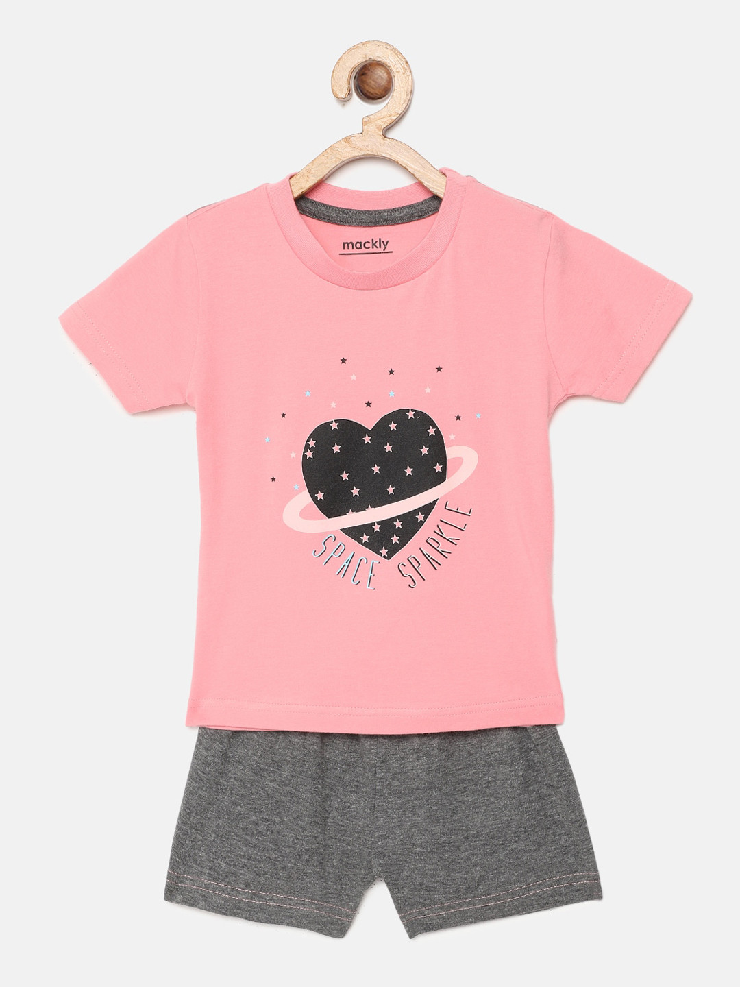 mackly Girls Peach-Coloured & Grey Melange Space Sparkle Printed Night suit
