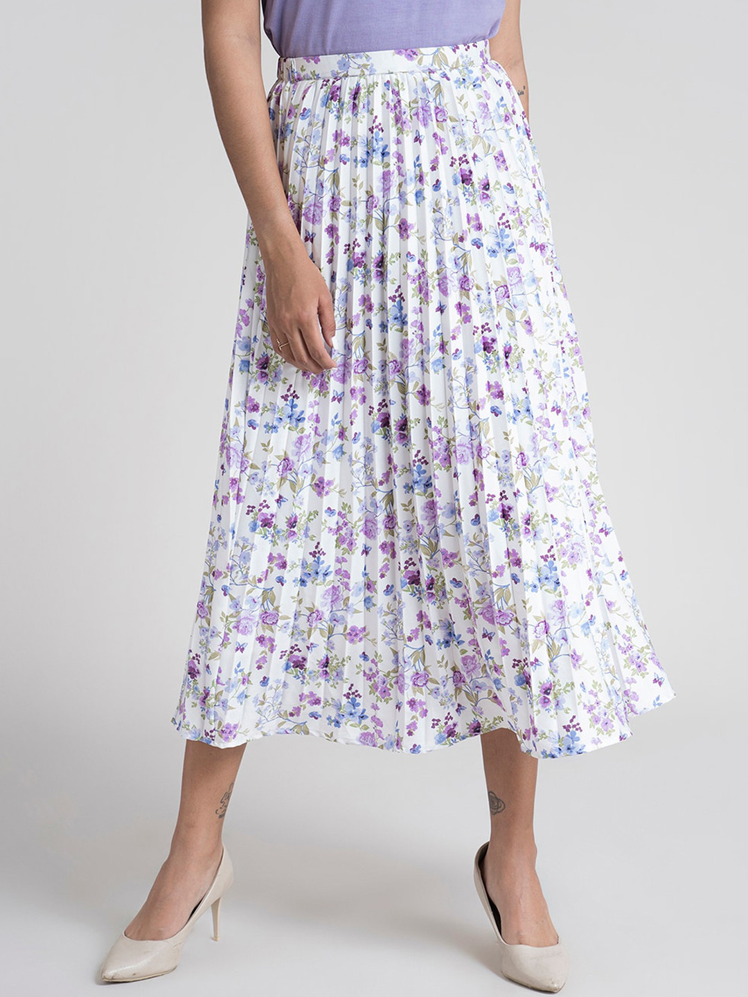 FableStreet White & Purple Floral Printed Cordian Pleated Midi Skirt