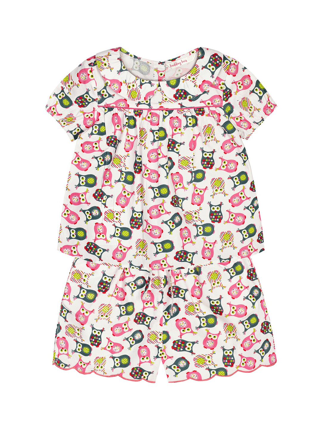 Budding Bees Girls White & Pink Printed Night suit